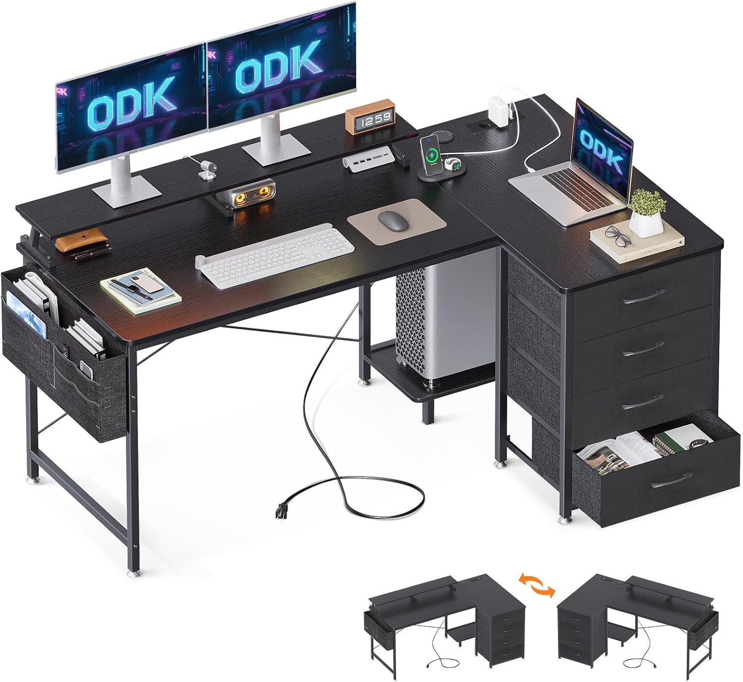 Schreibtisch L Form Schwarz, Corner Schreibtisch Reversibel mit 4 Schubladen, 140x80x84,7cm Ecktisch mit 2 USB-Charging Port&2