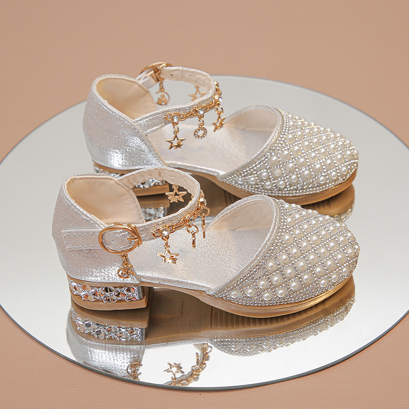 Scarpe col tacco alto da ragazza per la festa nuziale Pendenti con strass glitterati Scarpe eleganti in pelle per bambini con glitter lucidi