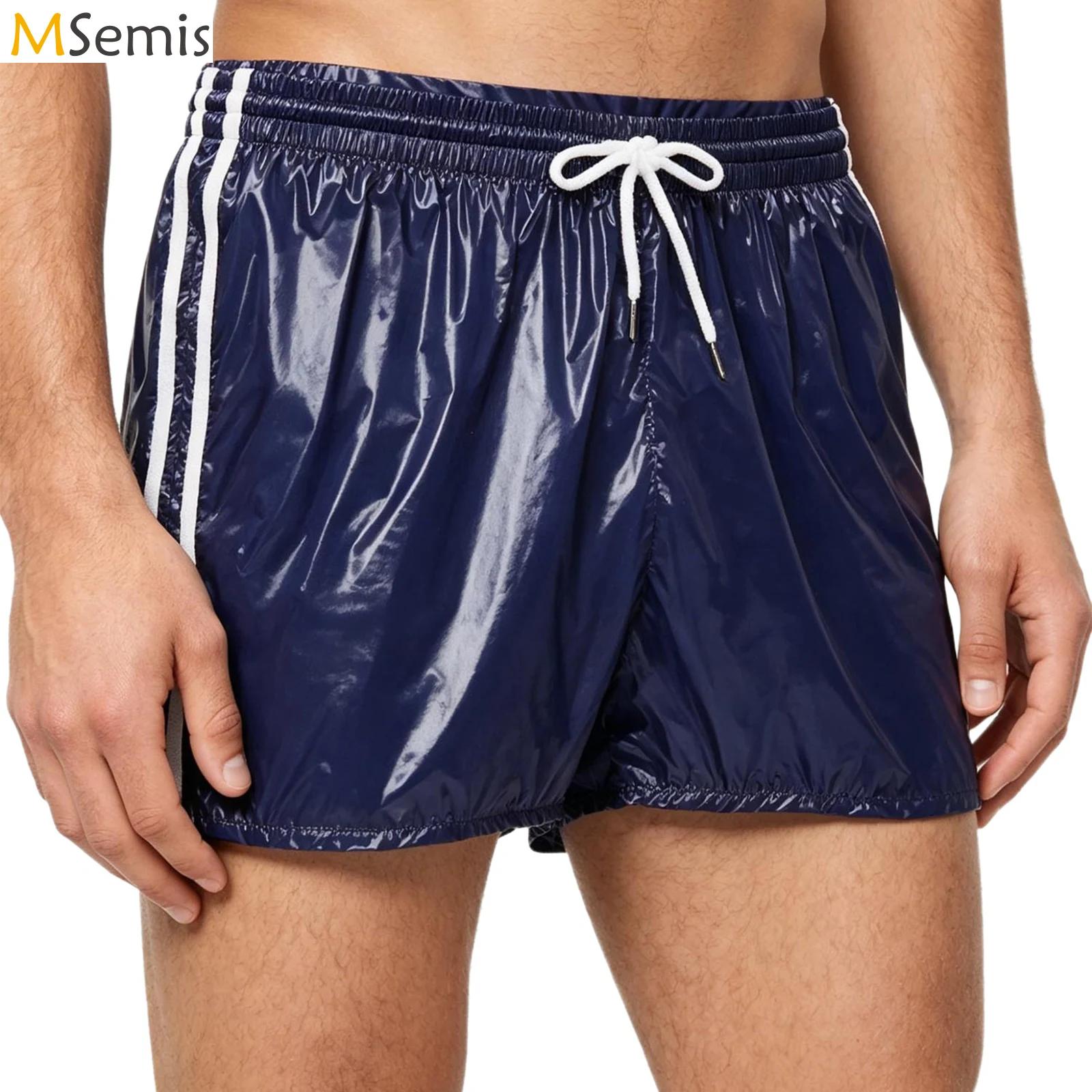 Herren-Badeanzug, glänzende Boxershorts, Kordelzug an der Taille, sportliche Hose, elastischer Bund, integrierter Slip, Badehose, Badebekleidung