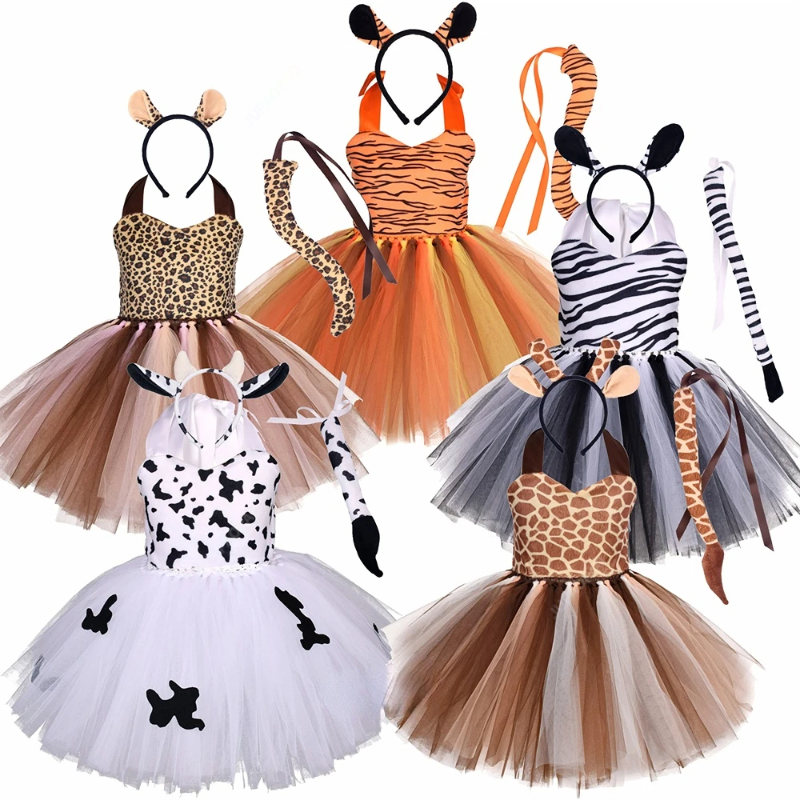 Baby Mädchen Halloween Tier Cosplay Kostüm Kinder Wald Thema Giraffe Kühe Tiger Leopard Zebra druck Tutu Kleid Geburtstags feier