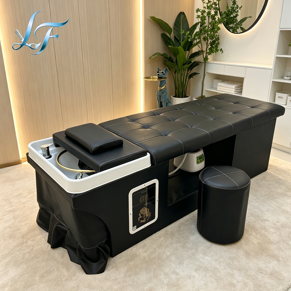Cama de hidroterapia con circulación de agua para lavado de cabello, masaje de cabeza y terapia de spa en salón.