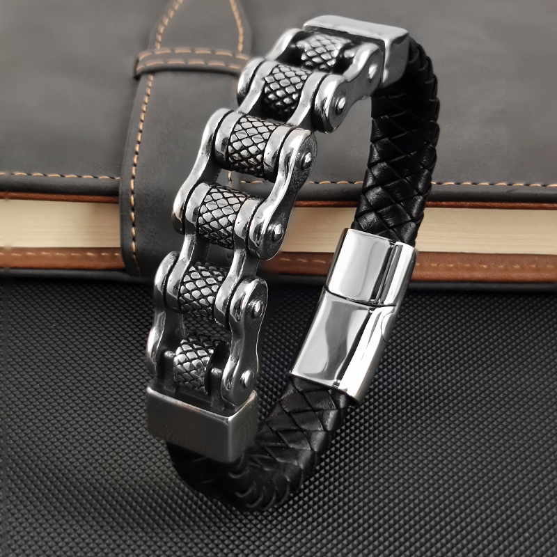 Pulsera de cuero con cadena de locomotora clásica para hombre, brazalete con cierre magnético Punk de acero inoxidable multicapa para joyería con dijes de amigos