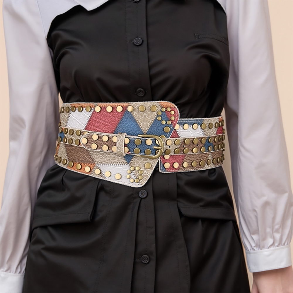 Ladies' Rivet Leather Ball Pattern Retro Fashion Belts For Women Waist Decorative elasticity Girdle cummerbund On Dress Coat