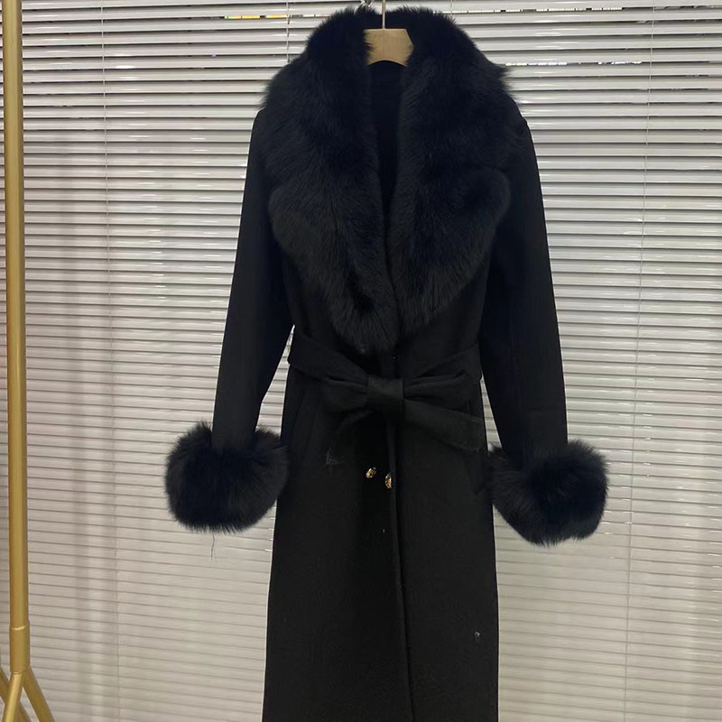 Abrigo largo de mezcla de lana para mujer con cuello de piel de zorro Real grande chaqueta de lana de invierno delgada a la moda con cinturón prendas de vestir con puño de piel de zorro