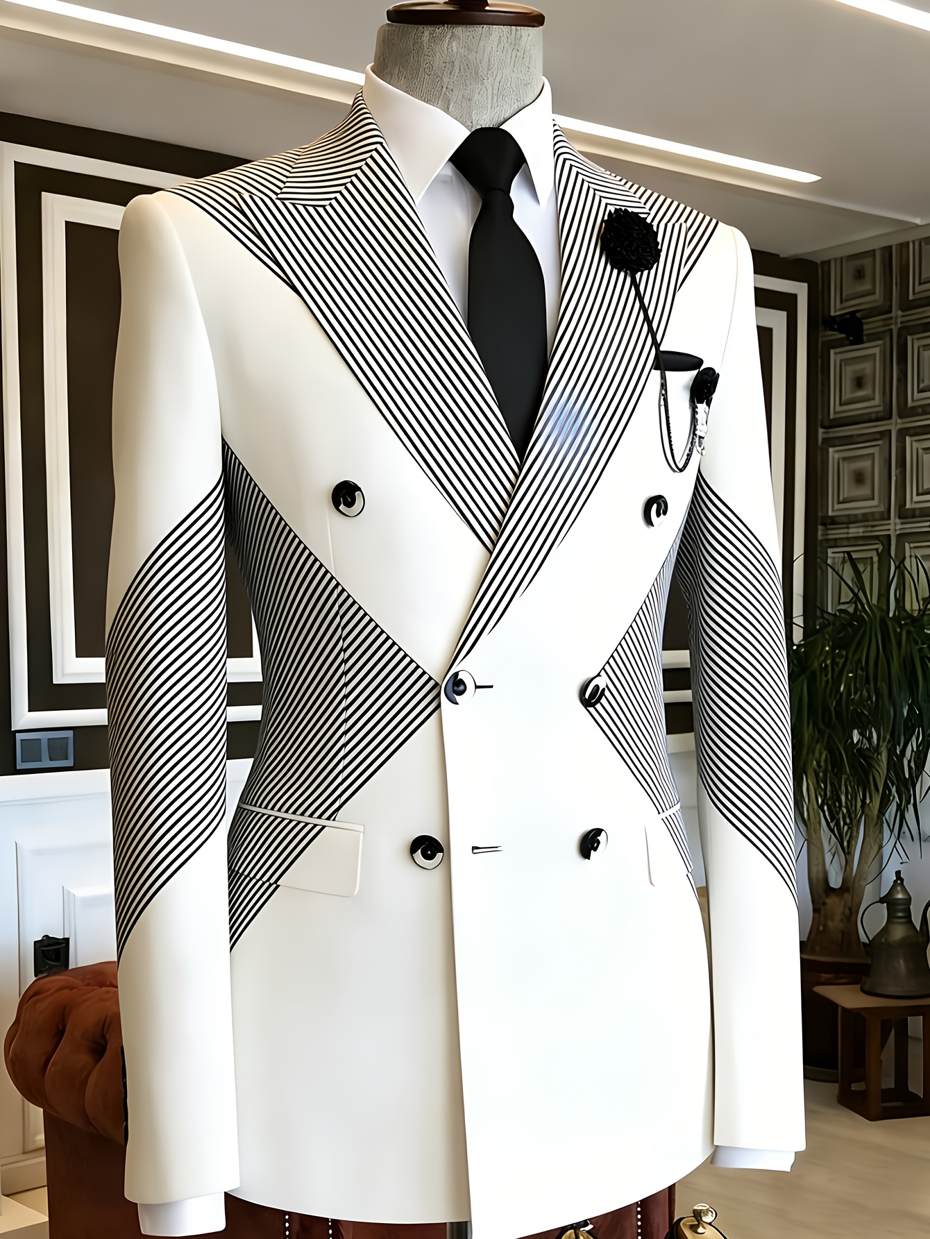 Blazer Blanco de Doble Botonadura para Hombre con Rayas Diagonales Negras, Botones Bicolor, Solapa con Broche de Flor, Corte Slim Fit, Ideal para Novios