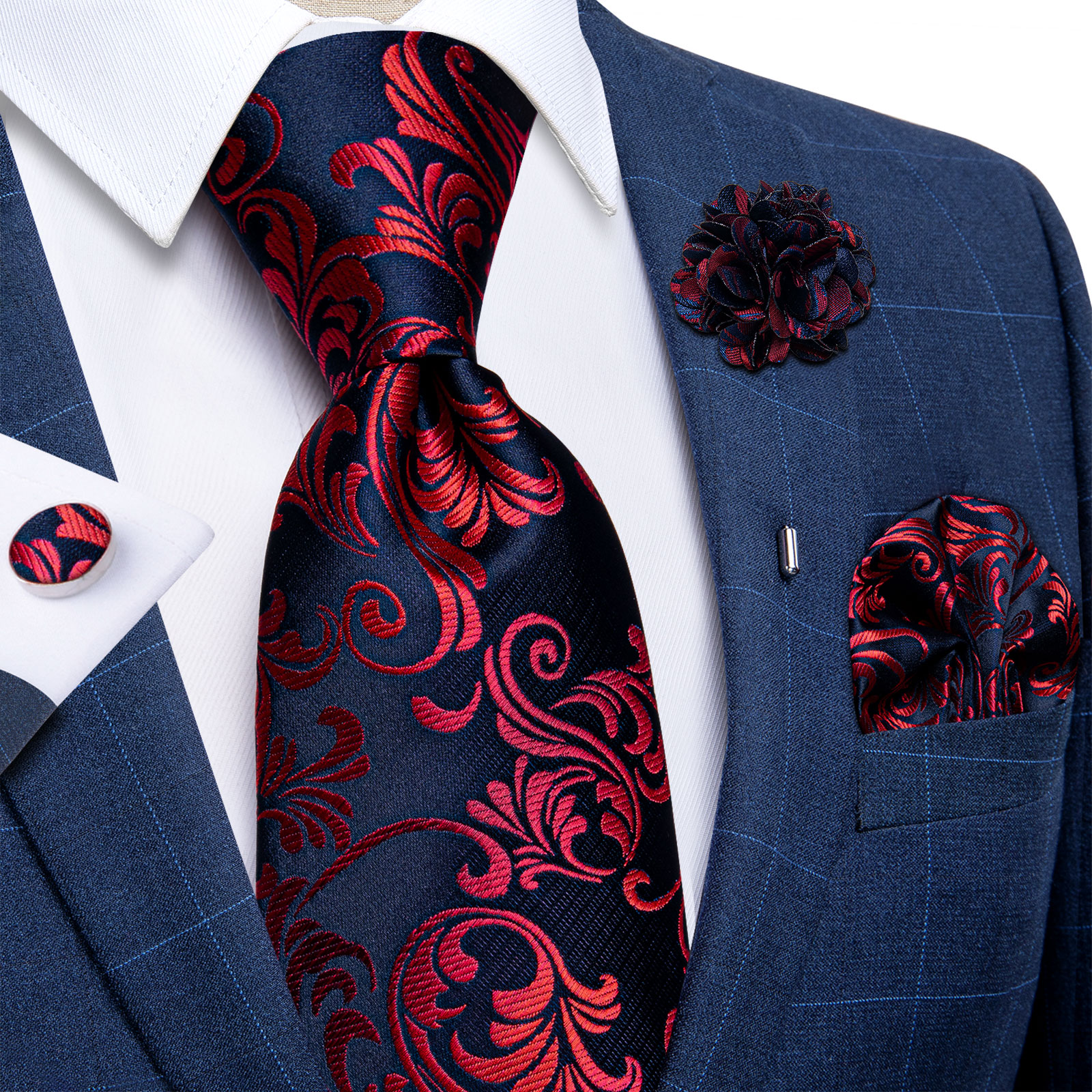Cravates de luxe rouges à motifs floraux bleus pour hommes, ensemble cravate de 8 cm de large, pochette de costume, boutons de manchette, broche, accessoires de mariage, cadeau pour homme