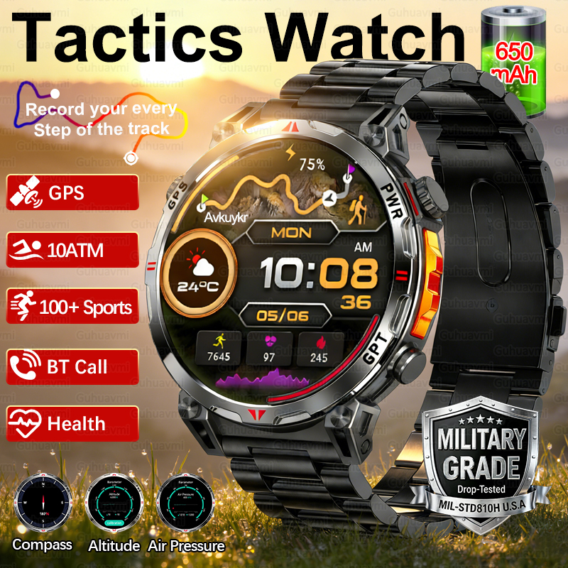 Nowe smartwatche sportowe GPS na zewnątrz dla mężczyzn 2026, kompas, wodoodporność 10ATM, monitorowanie zdrowia 24/7, rozmowy Bluetooth, smartwatch z funkcją Chat GPT.
