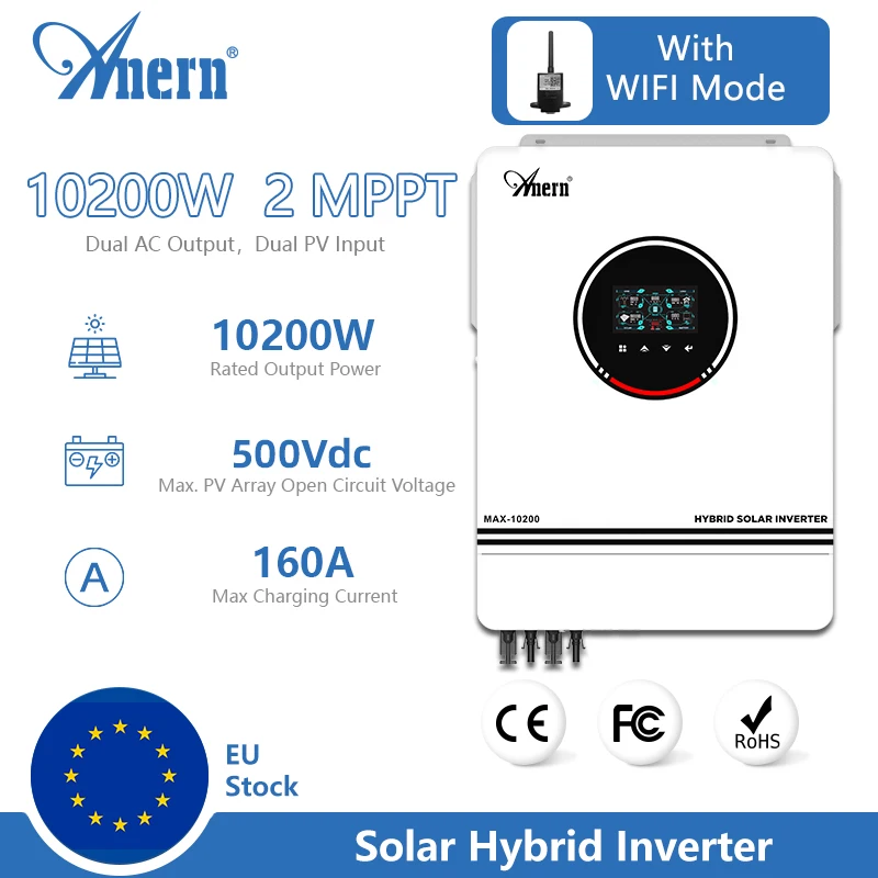 Inwerter solarny hybrydowy off-grid 10,2 kW 8200 W 10200 W z podwójnym MPPT, 160 A, 230 V, czysta sinusoida, DC 48 V do ładowania akumulatorów