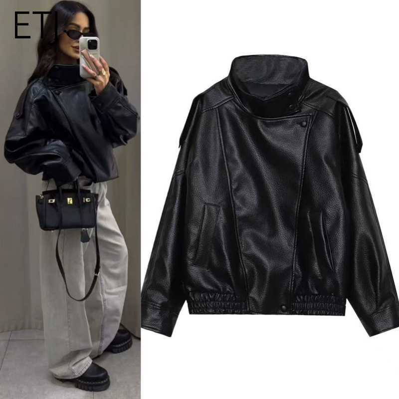 ETJ 2025 nova moda feminina versão solta de gola em pé imitação jaqueta de couro estilo rua legal jaqueta de couro bonito