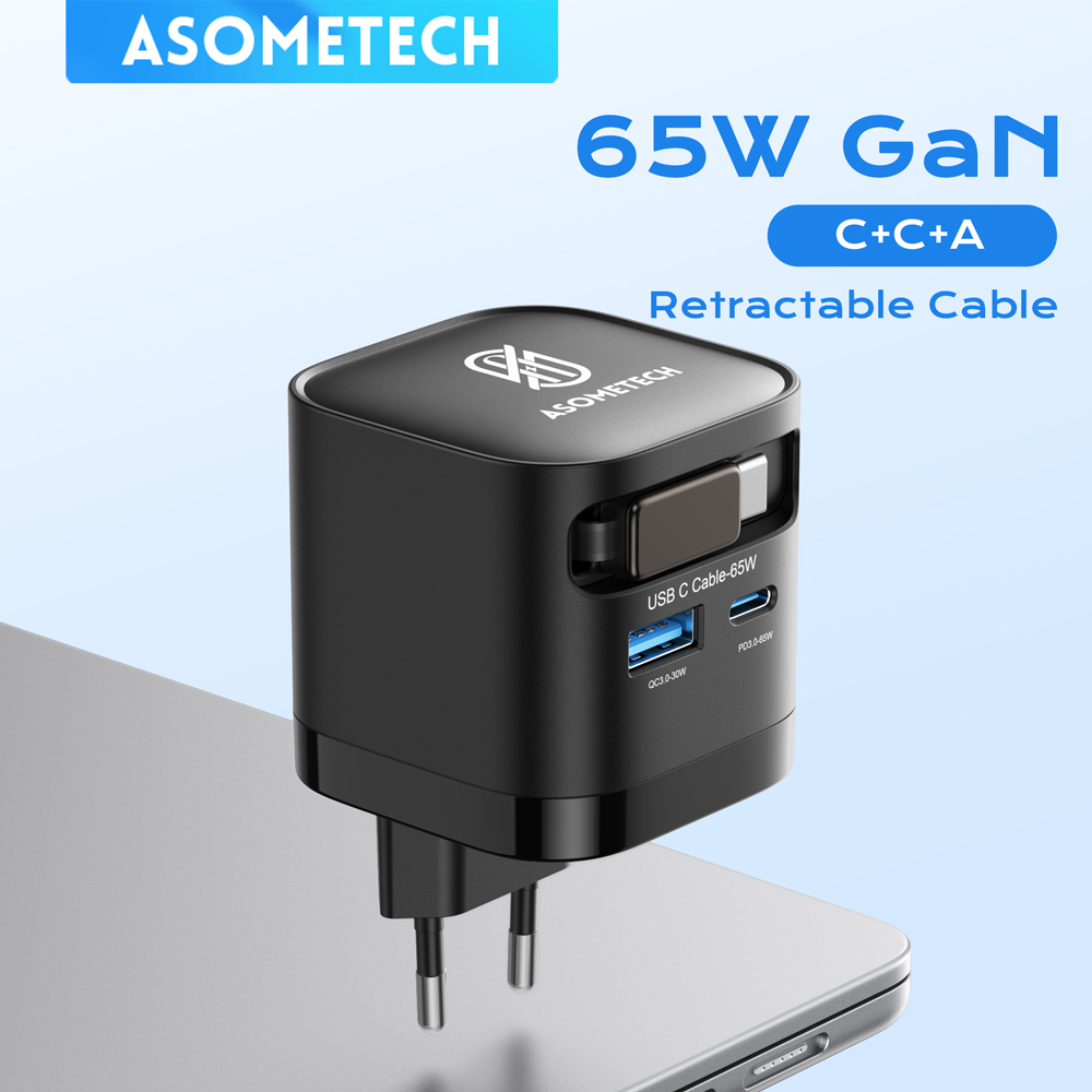 65W GaN USB Charger with Type C Retractable Cable 3 Port QC4.0 PD3.0 PPS Fast Charger for Macbook Laptop iPhone 16 15 14 Xiaomi