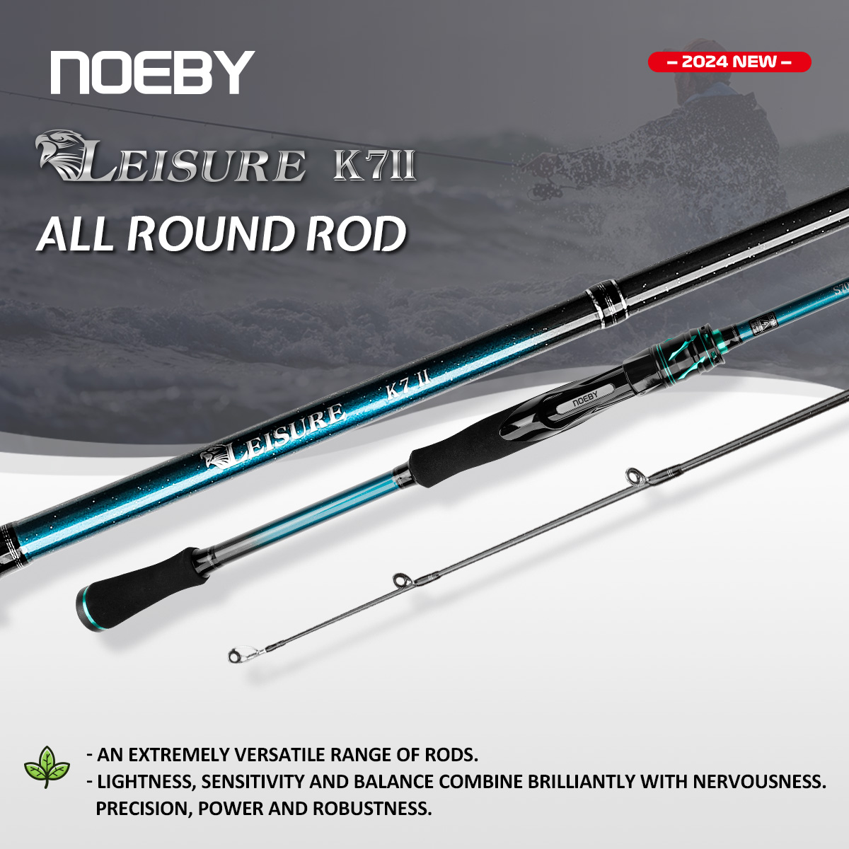 NOEBY tongkat pancing lempar putar 2.13m, tongkat pancing daya umpan 7-40g 2 bagian untuk memancing di air laut air tawar