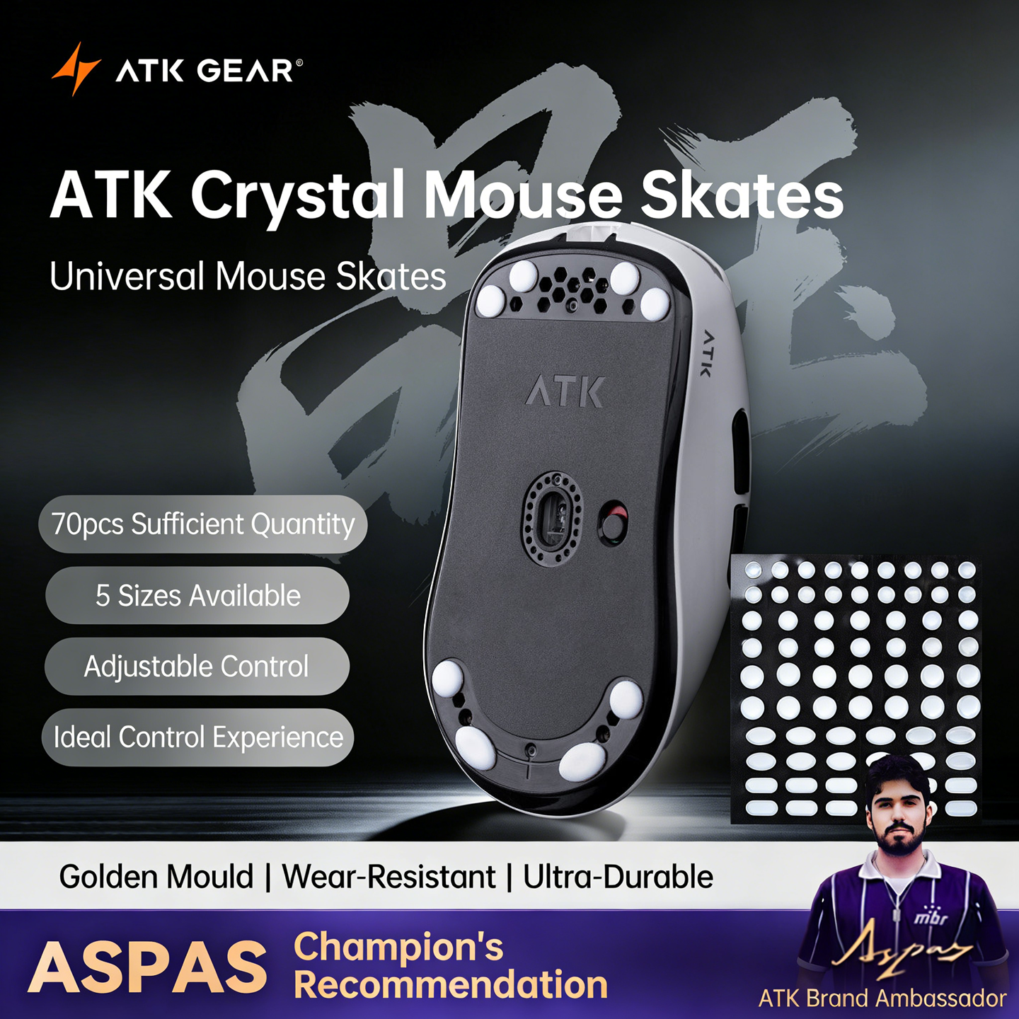 Универсальные накладки ATK Crystal Jade PTFE для мыши, 5 размеров, 70 штук, круглые точечные, для скоростной игры, гладкие, износостойкие, для киберспорта, M