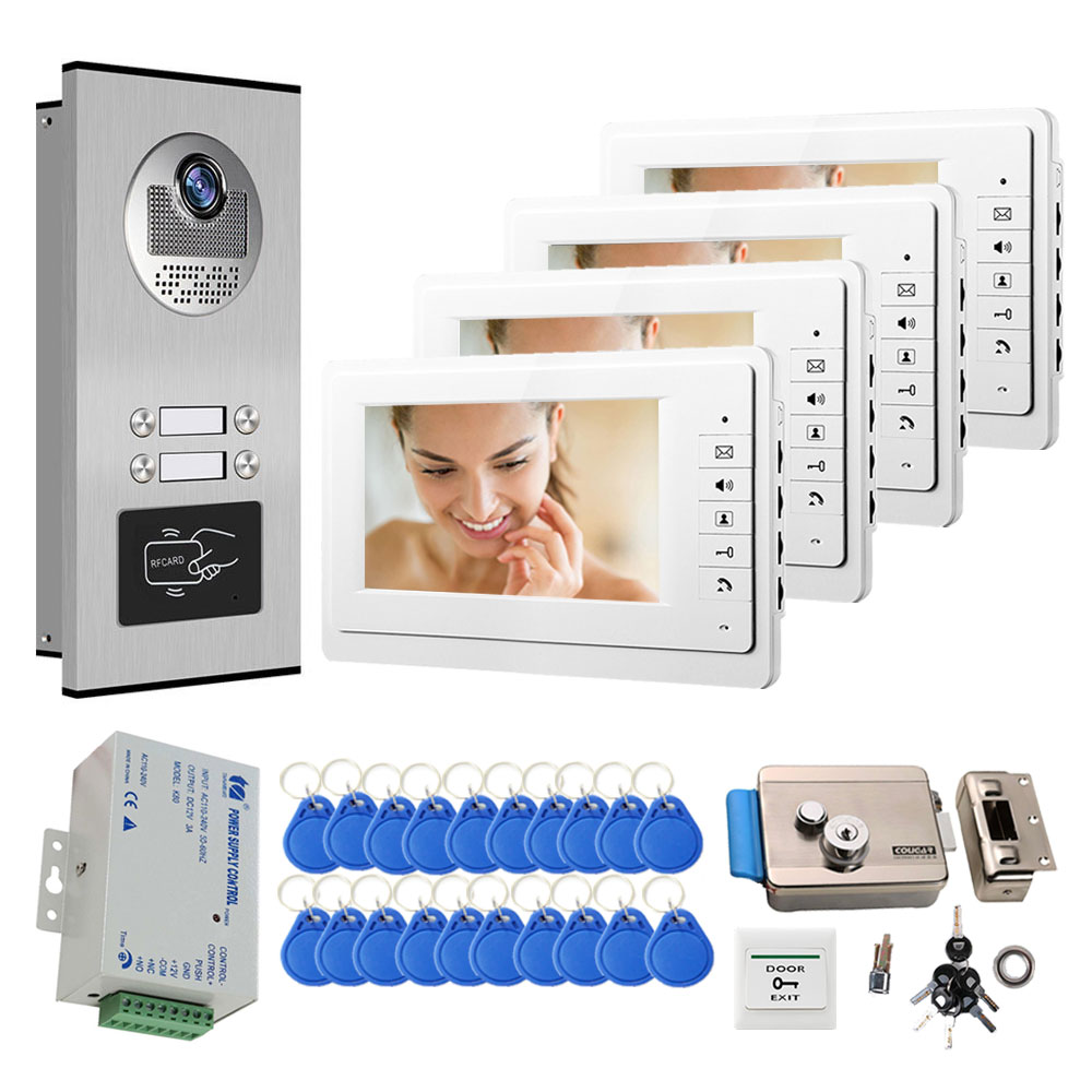 7 inch kleuren video deurtelefoon deurbel RFID toegangscontrole camerasysteem voor 2/3/4 eenheden meerdere appartementen intercom