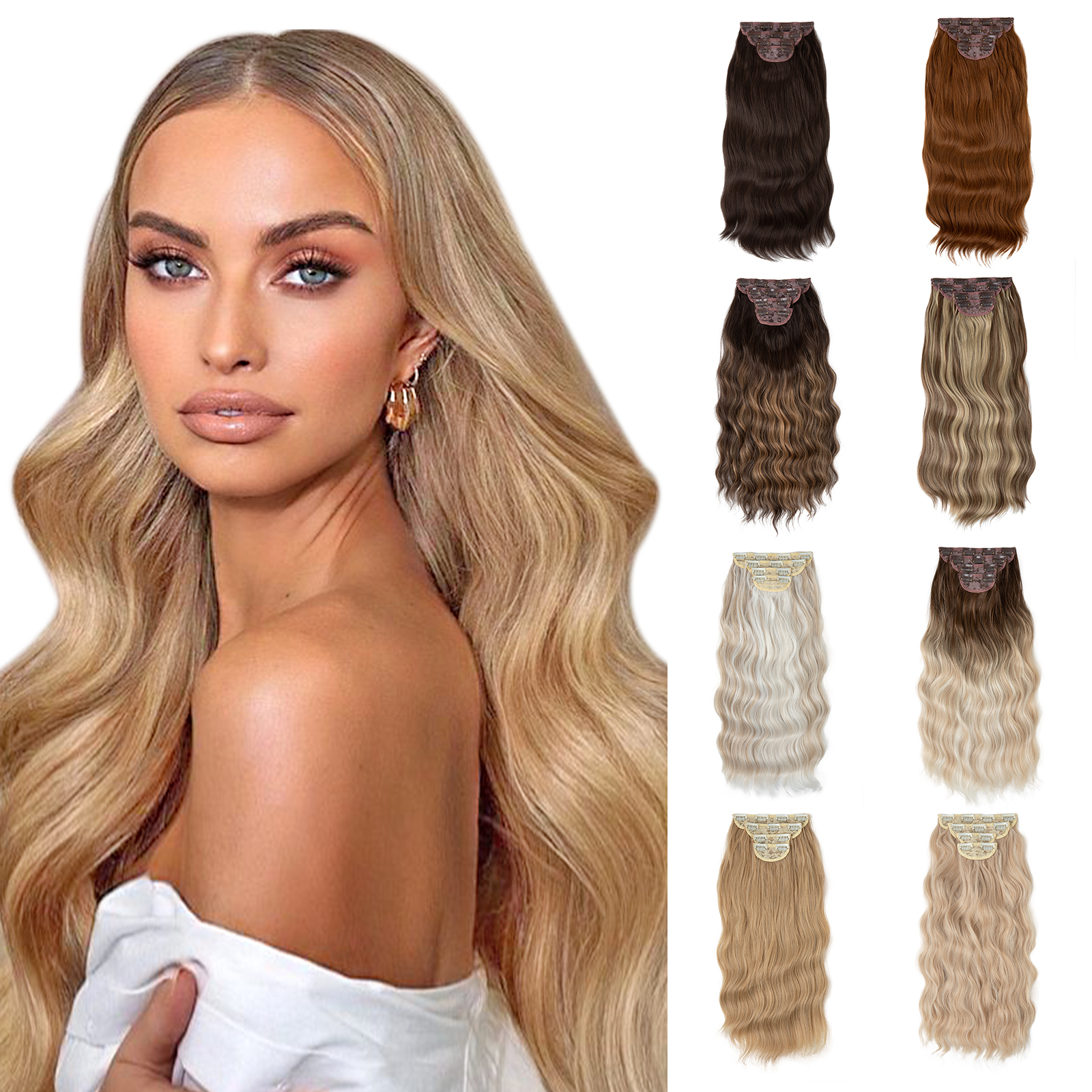 22" 4 sztuk/zestaw syntetyczne doczepiane włosy doczepiane eleganckie długie faliste grube treski codziennego użytku brązowy blond naturalne sztuczne włosy
