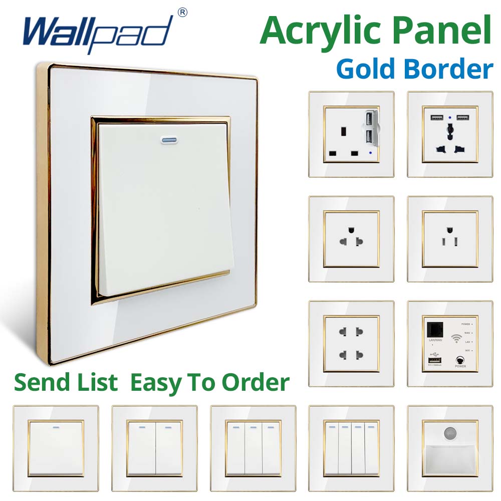 Wallpad US UK ซ็อกเก็ตและสวิทช์ 220V แผงอะคริลิคสีขาวทองขอบพอร์ตชาร์จ USB Outlet 1 2 3 4 GANG 2 WAY รีเซ็ต 3 WAY