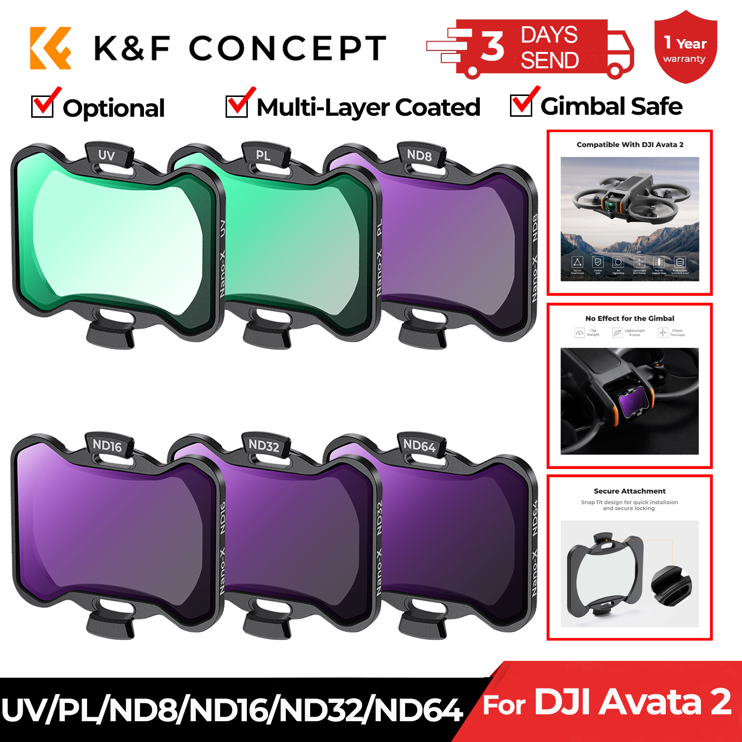 K&F CONCEPT Filter Set for DJI Avata 2 Filter UV/CPL/ND8/ND16/ND32/ND64 Multi-Layer Coated Drone Lens Camera Filters Accessories