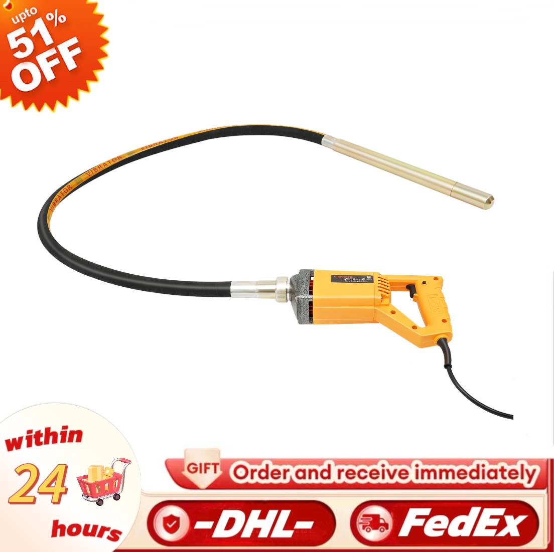 Vibrador de concreto portátil, 1300w, 2m, com fio, elétrico, amarelo, cobre puro, haste vibratória para construção, 4300rpm/220v