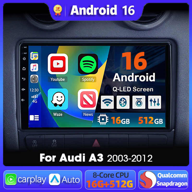 Android 16 Carplay Auto GPS Navigasi Radio Multimedia Player Untuk Audi A3 8P 2003 - 2013 2din Head Unit Video Stereo Radio Mobil