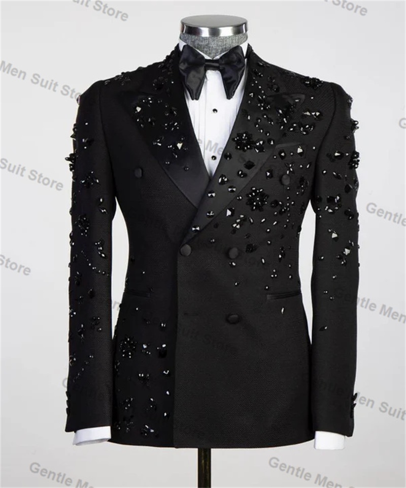Luxury Crystals Men Suits Set 2 Piece Blazer+Pant Black Prom Groom Wedding Tuxedo Coat Tailored Made Formal Office Jacket