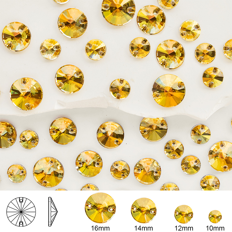 Rivoli Sunshine goldene aufgenähte Strasssteine für Handarbeiten, runde Form, Kristall-Strass, Glas, Kleidung, Schuh, Hochzeitskleid, Dekoration