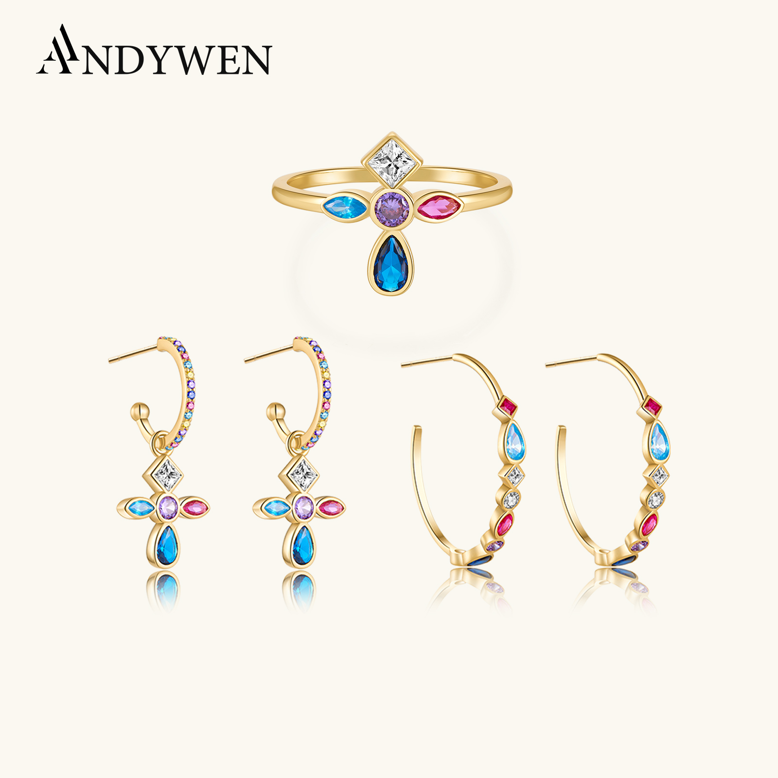 ANDYWEN-pendientes de plata de ley 925 para mujer, aretes colgantes con forma de cruz, arcoíris dorado, cinco colores, conjunto de joyería