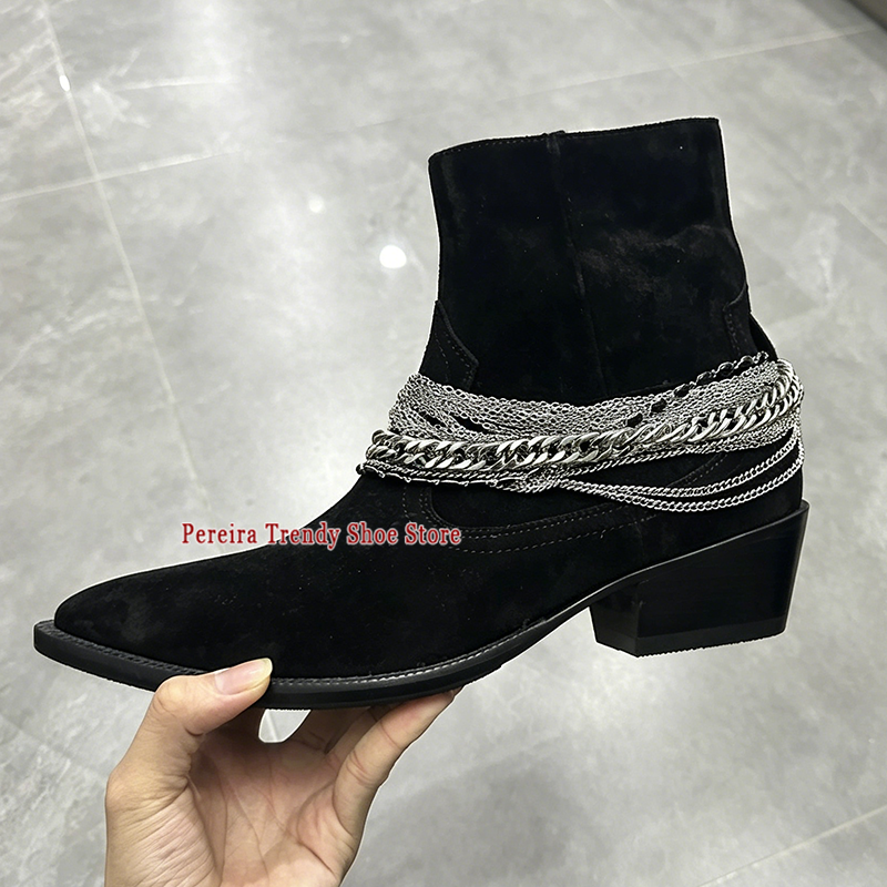Men's Metal Chain Suede Chelsea Boots Spring Summer Trendy Pointed Toe Side Zipper Short Boots Luxury Party Wedding Dress Shoes
