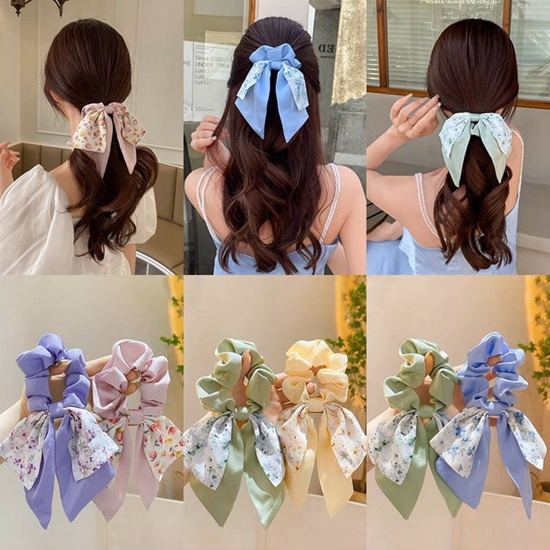 Korea Bloemen Strik Scrunchies Voor Vrouwen Satijn Lange Lint Paardenstaart Sjaal Meisjes Haar Bobbels Print Elastische Haarbanden Accessoires
