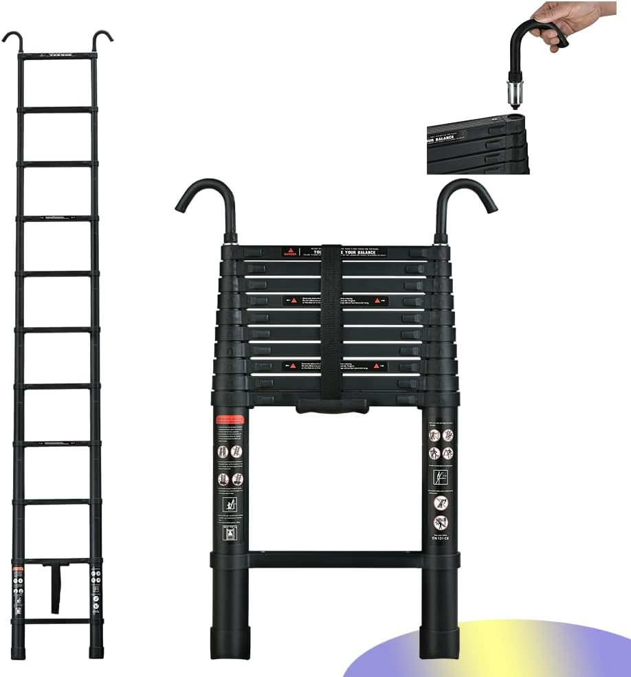 Drabina teleskopowa Aluminiowa drabina teleskopowa o długości 3,2 m z antypoślizgowymi nóżkami, wielofunkcyjna drabina przedłużająca z 2 haczykami, 150 kg