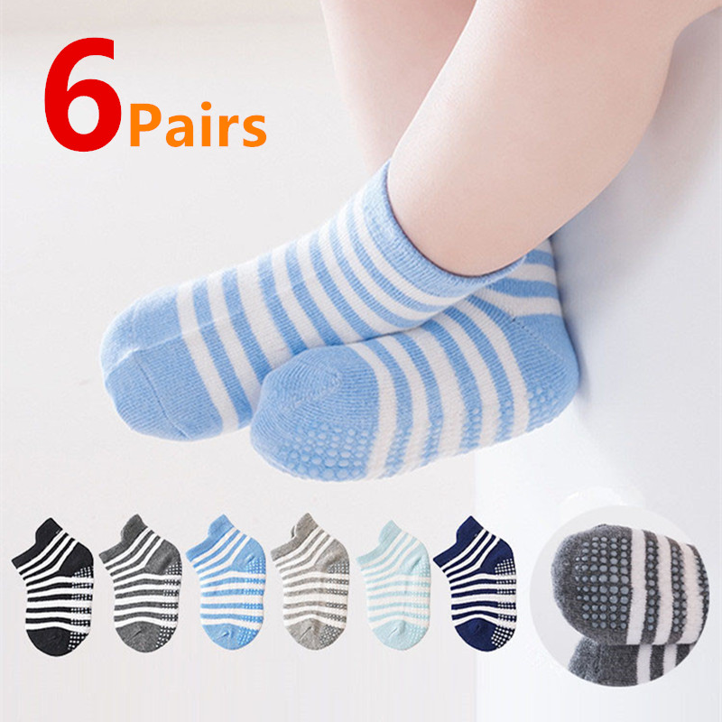6 par/lote calcetines náuticos antideslizantes de algodón para niños calcetines informales para bebés y niñas calcetines de suelo para niños con empuñaduras de goma para 0-5 años