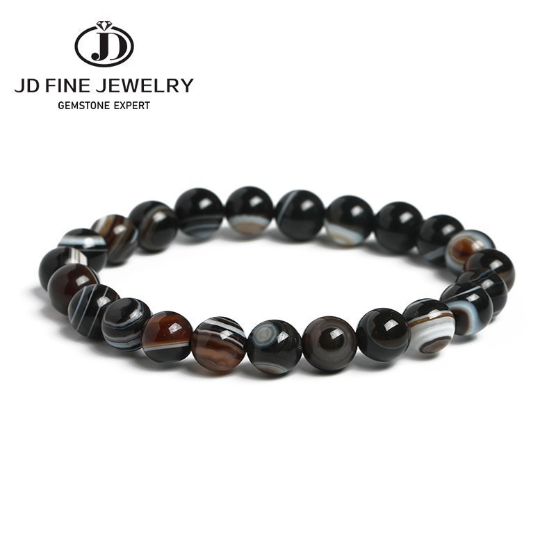 JD 7A Natürliche Mit Augen Schwarz Achat Armband 6 8 10 12 14MM Pick Größe Schmuck Natürliche Schwarze Streifen achate Stein Perlen Armband