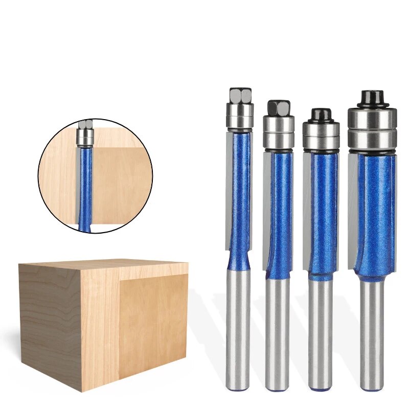 4 pces, espumante prata-azul duplo rolamento nivelado guarnição roteador bit-1/4 "haste lâminas de corte duplas acessório elétrico