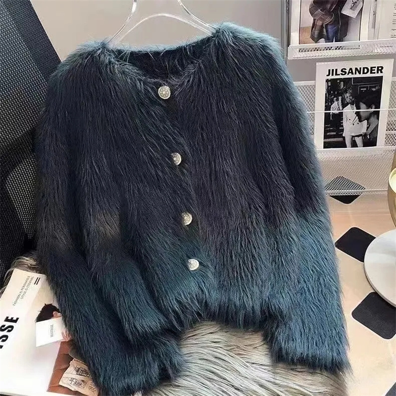 2024 primavera otoño nueva edición coreana cómoda piel de visón de imitación cárdigan corto tejido suéter pelo largo abrigo pequeño para mujer
