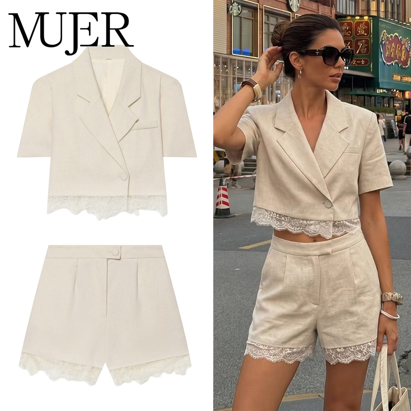 Ensemble short en dentelle pour femme, 2 pièces, short bermuda taille mi-haute, tenue d'été, blazer court pour femme, short décontracté