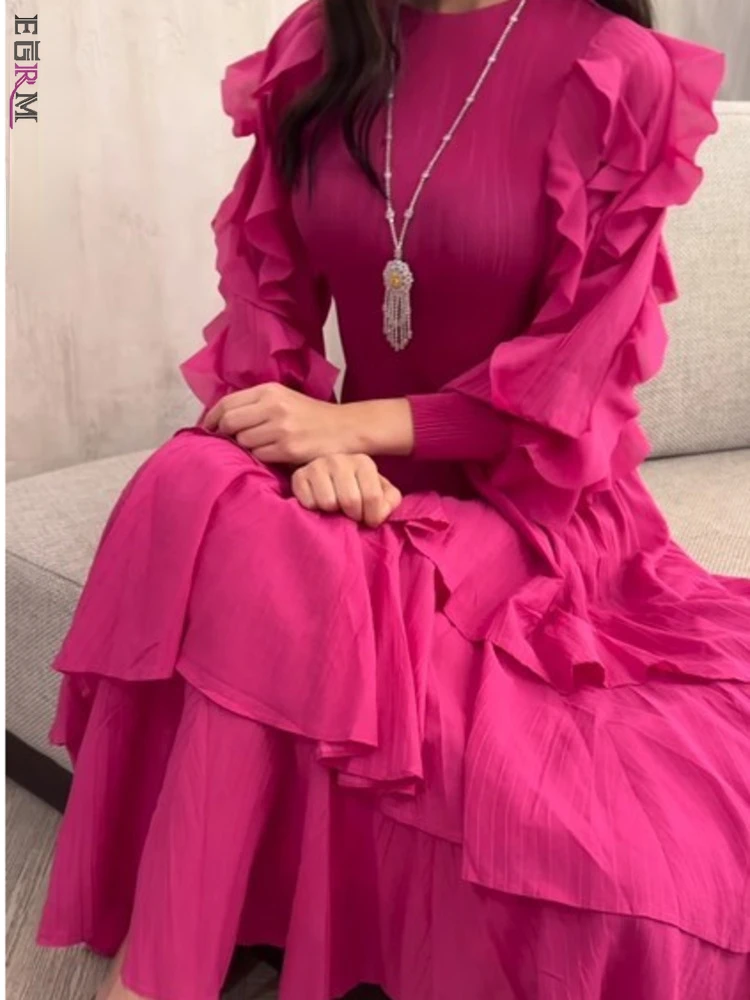 EGRM-vestido plisado con volantes para mujer, prenda de manga larga con cuello redondo, Color liso, costura de cintura alta, para fiesta, novedad de 2024, 2RM1628