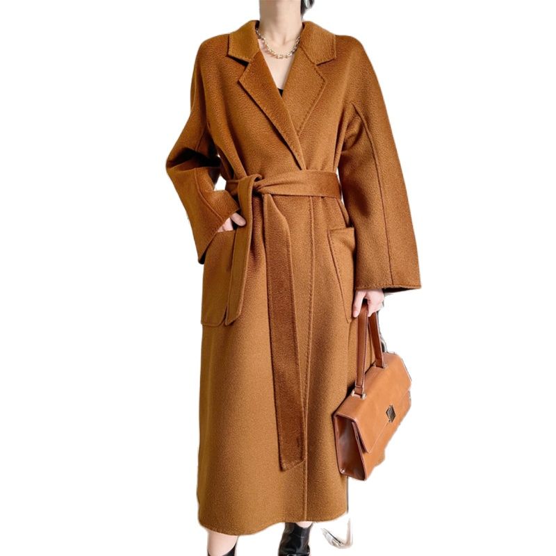 Abrigo de Cachemira de longitud media para mujer, abrigo de lana negro, moda informal, rojo, Beige, con cordones, invierno, otoño, nuevo