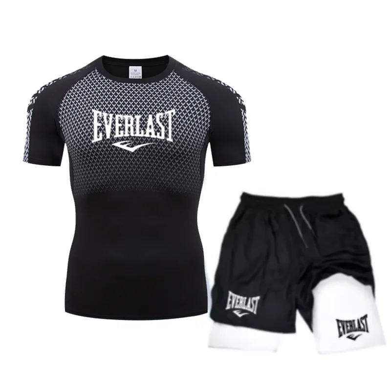 EVERLAST Men's Compress Shirt + 2-in-1 sports shorts 2pcs Set Leisure Breath Short Sleeve Sport Jogging Gym Brand Print Clothing