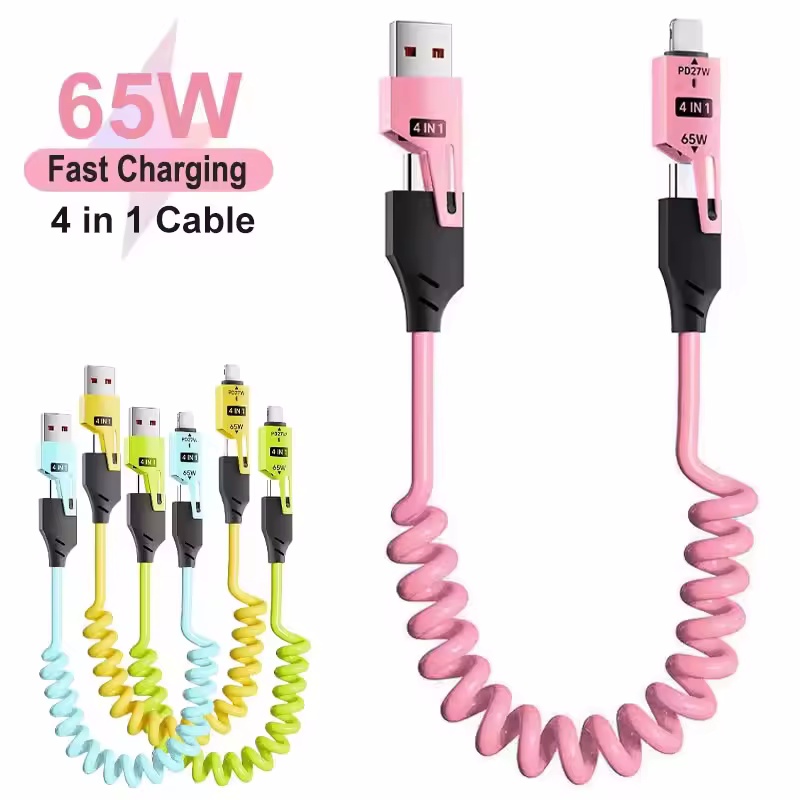 Cable de datos corto con resorte 4 en 1, 65W, 6A, USB tipo C, cargador rápido telescópico con resorte, Cable USB con resorte para iPhone 16 15 14 13