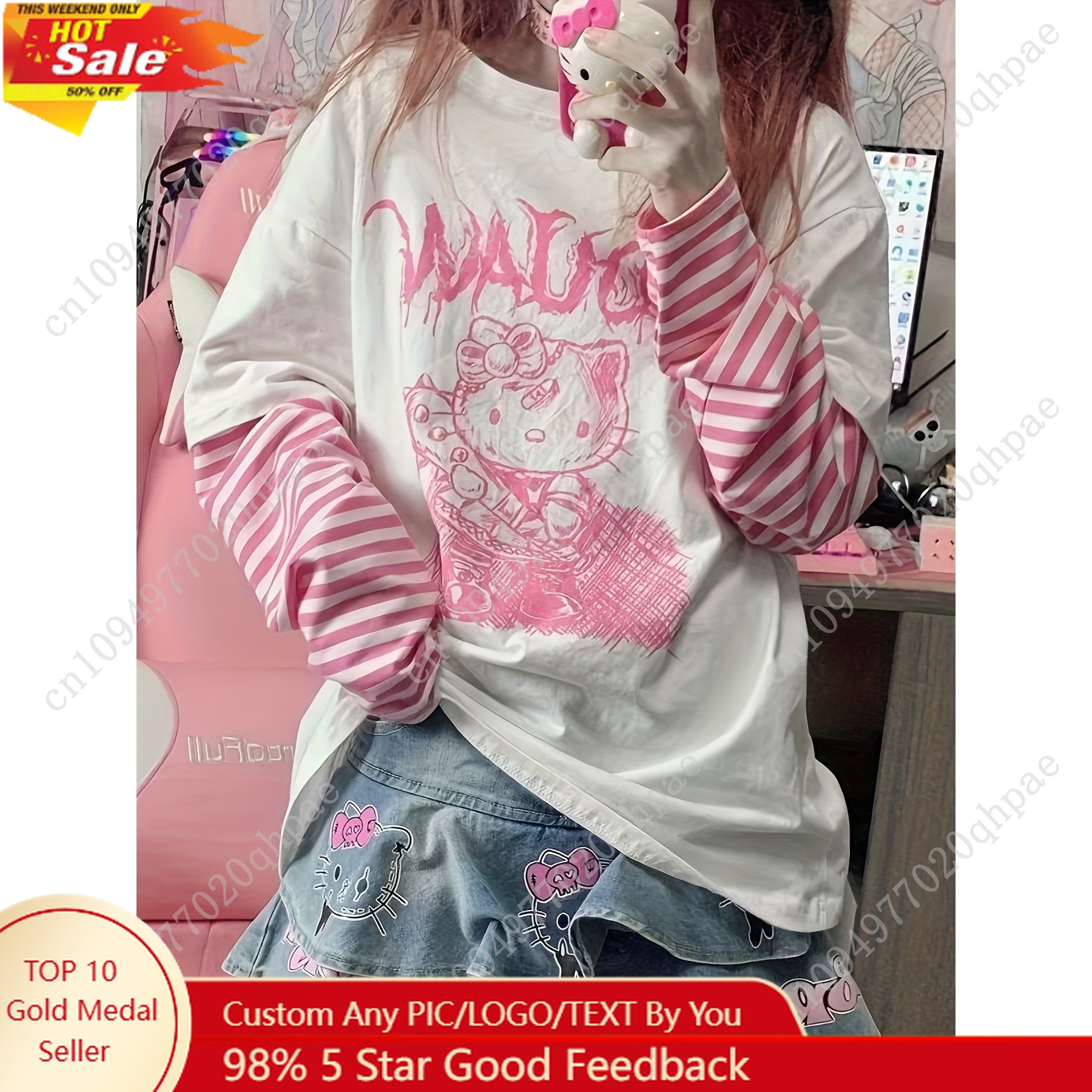 เสื้อยืดแขนยาวลายคิตตี้ ฮีลโลคิตตี้ ของแท้จากญี่ปุ่น สไตล์หวานซ่อนเปรี้ยว ทรงหลวม ดีไซน์สองชิ้นในตัว รุ่นใหม่สำหรับผู้หญิง 1 ตัว