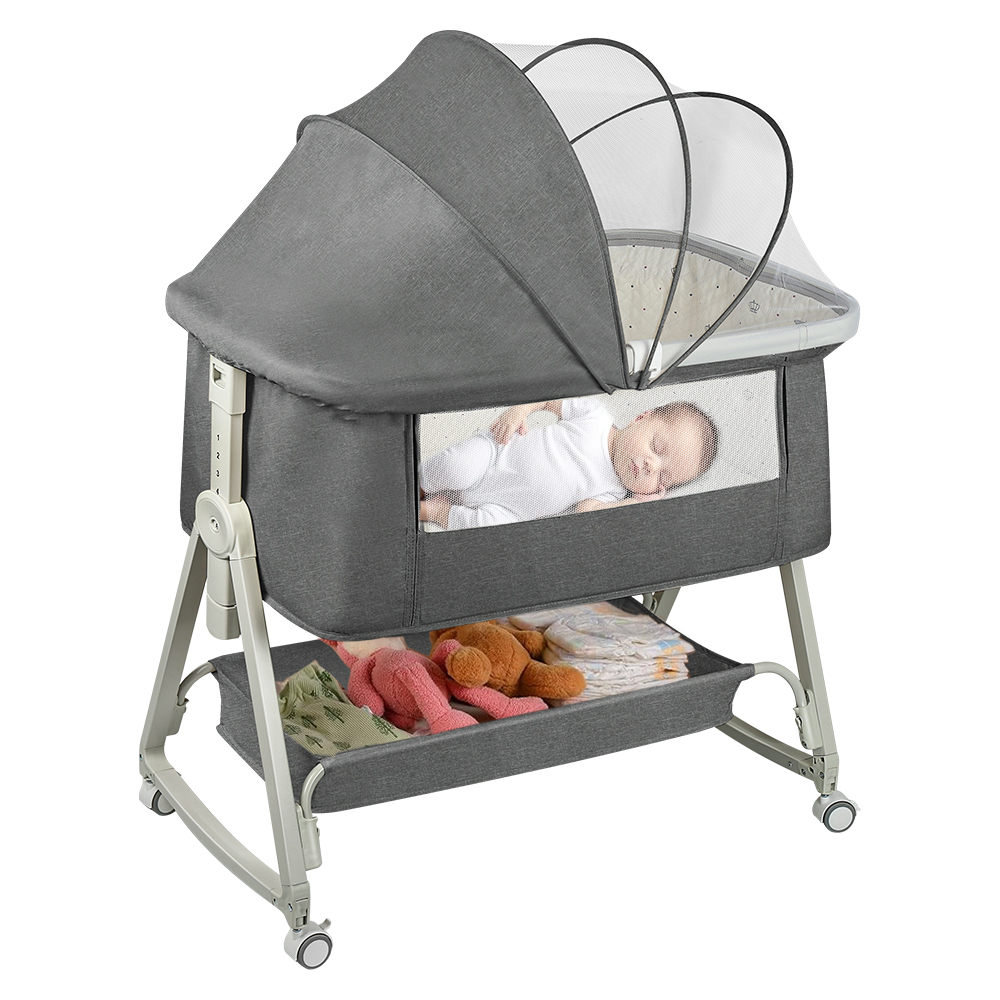 Berço 4 em 1 para Bebê, Berço Co-sleeping com Rodas Embutidas, com Colchão e Mosquiteiro, Cinza, 91L x 50W x 68-81H cm