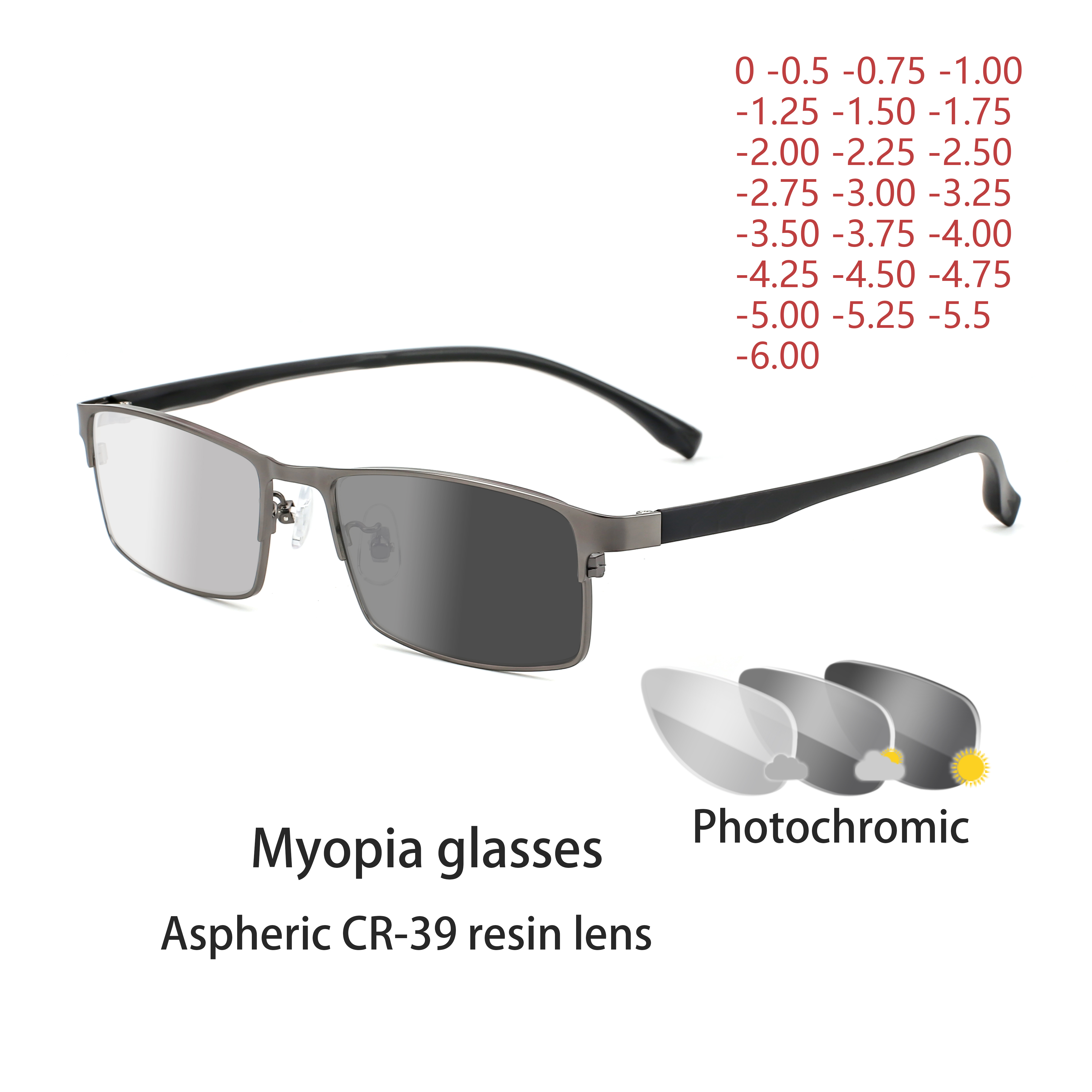 Square Alloy Photochromic Myopia Eyeglasses Women Men Prescription Spectacles Eyewear -0.5 -0.75 -1 -1.25 -1.5 -2 -2.5 To -6