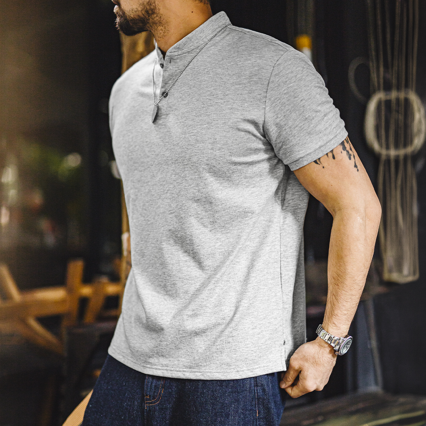 Camiseta Henley MADEN Vintage Retro Estilo Old Money de Secado Rápido y Transpirable, Corte Entallado, Hombros Ajustados, Manga Corta, Casual para Hombre, Verano