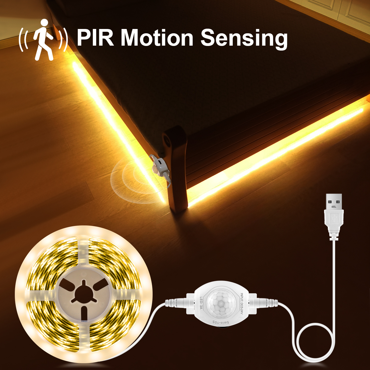Sensor de movimiento PIR inalámbrico, tira de luces LED USB de 5V, cinta LED Flexible para escalera, armario, cocina, retroiluminación, decoración de luz nocturna