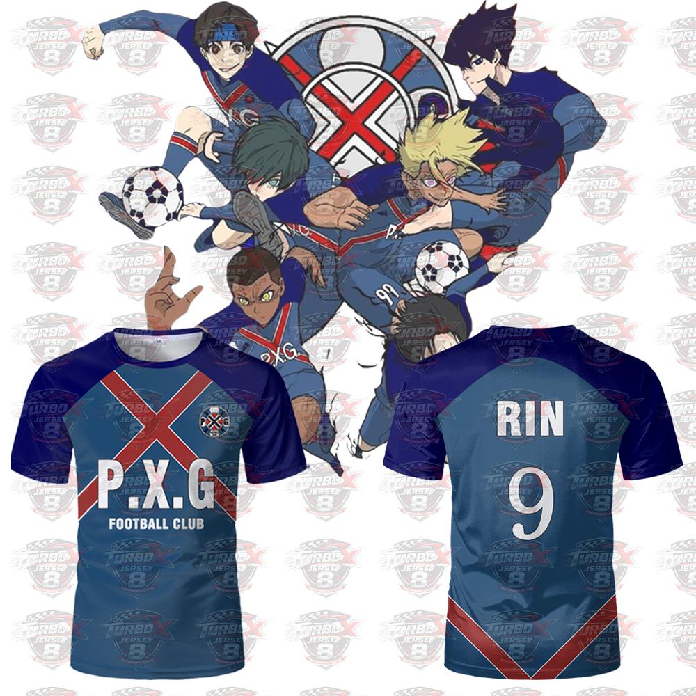 P.x.g Blue Lock Jersey Anime Jepang Seragam Sepak Bola No.9 Rin Shidou Kaus Cosplay Atasan Olahraga Kasual Pria dan Wanita