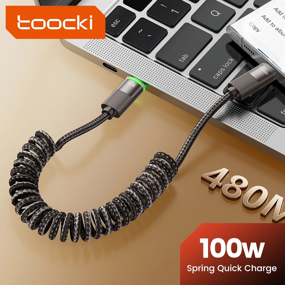 Toocki PD100W Type C To Type C Cable 5A Fast Charge USB C Spring Car Charger Cable For iPhone 15 Xiaomi 12 Samsung S23 Macbook