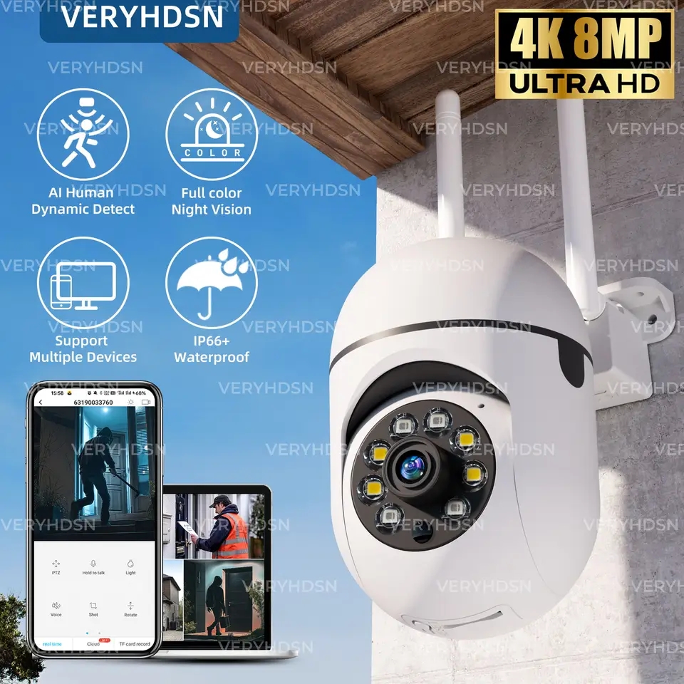 Telecamera PTZ di sorveglianza di sicurezza wireless da 8 MP Wifi IP Telecamere zoom 4X per esterni Monitoraggio umano AI Audio bidirezionale Cam a colori notturne HD