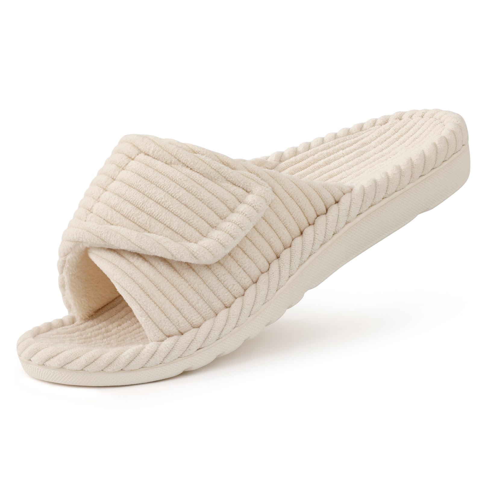 Litfun Zapatillas de casa ortopédicas para mujer, soporte de arco ajustable, zapatillas de interior con punta abierta, zapatos de dormitorio de pana