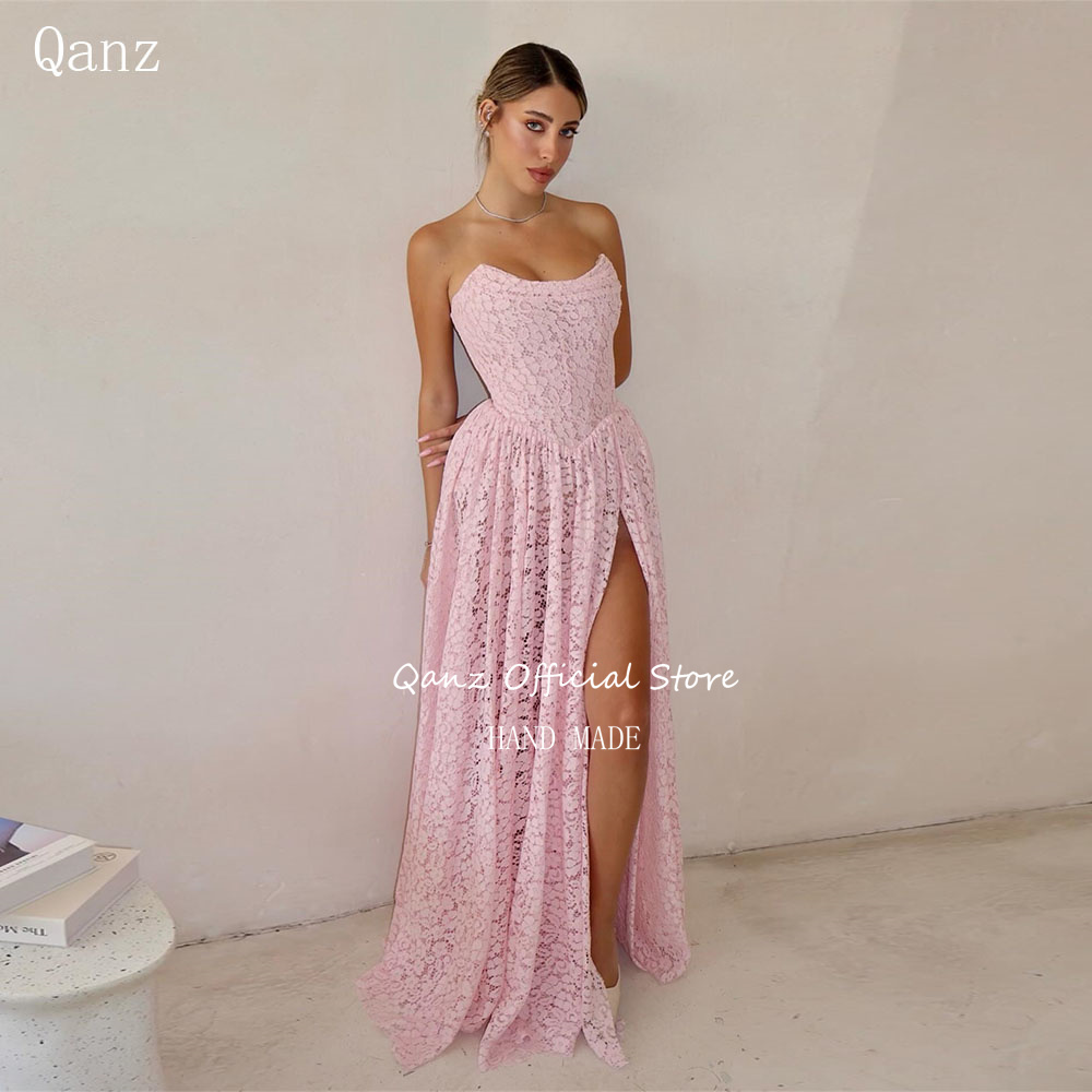 Qanz Exquisite Lace Appliques Prom Dresses Long A Line Pink High Side Slit Formal Dresses Evening Party Gown Woman Customized