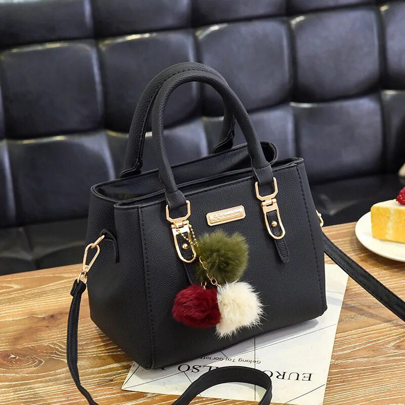 Moda balde de couro do plutônio com ornamentos de bola de cabelo bolsa feminina vintage cor sólida alça superior ombro crossbody sacos