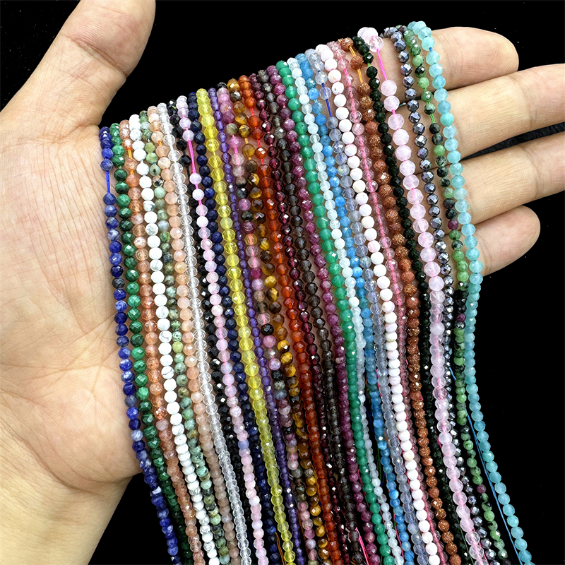 Piedra facetada Natural de 2/3/4MM, cuarzo rosa, amatista, granate, ágata, aguamarina, cuentas redondas de semillas pequeñas, accesorios para hacer joyas