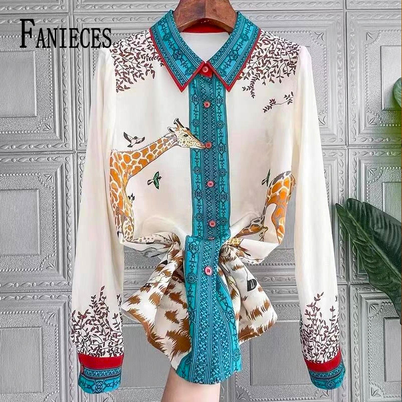 FANIECES プラスサイズ 3XL キリンプリント女性シャツ長袖ラペルサテンブラウス春の女性のトップスエレガントなオフィスレディース Blusas